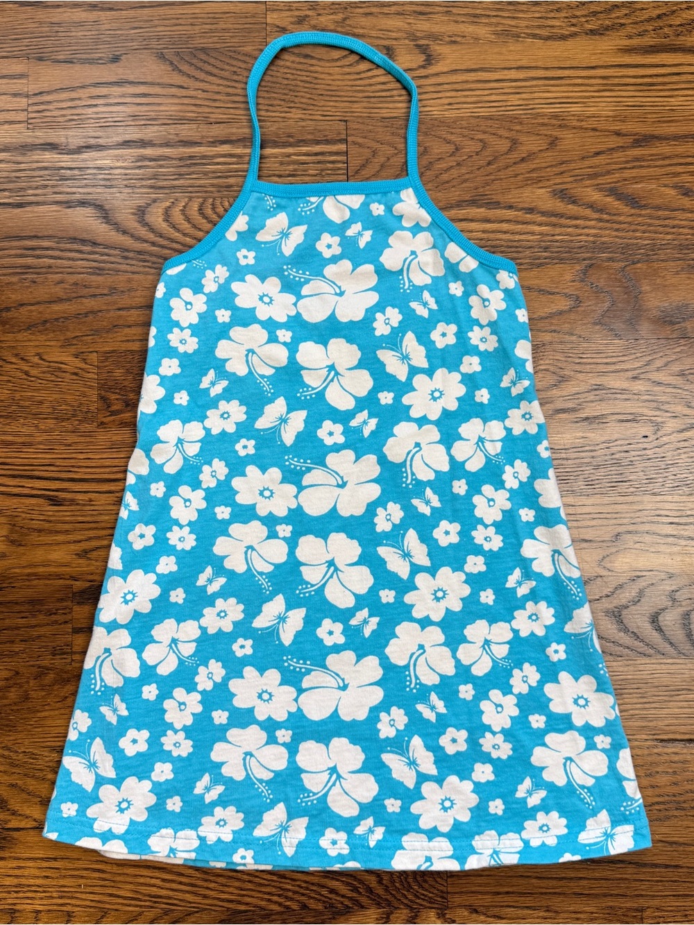 Vintage Parisian Kids Aqua and White Floral Butterfly Halter Sundress Size 4-5